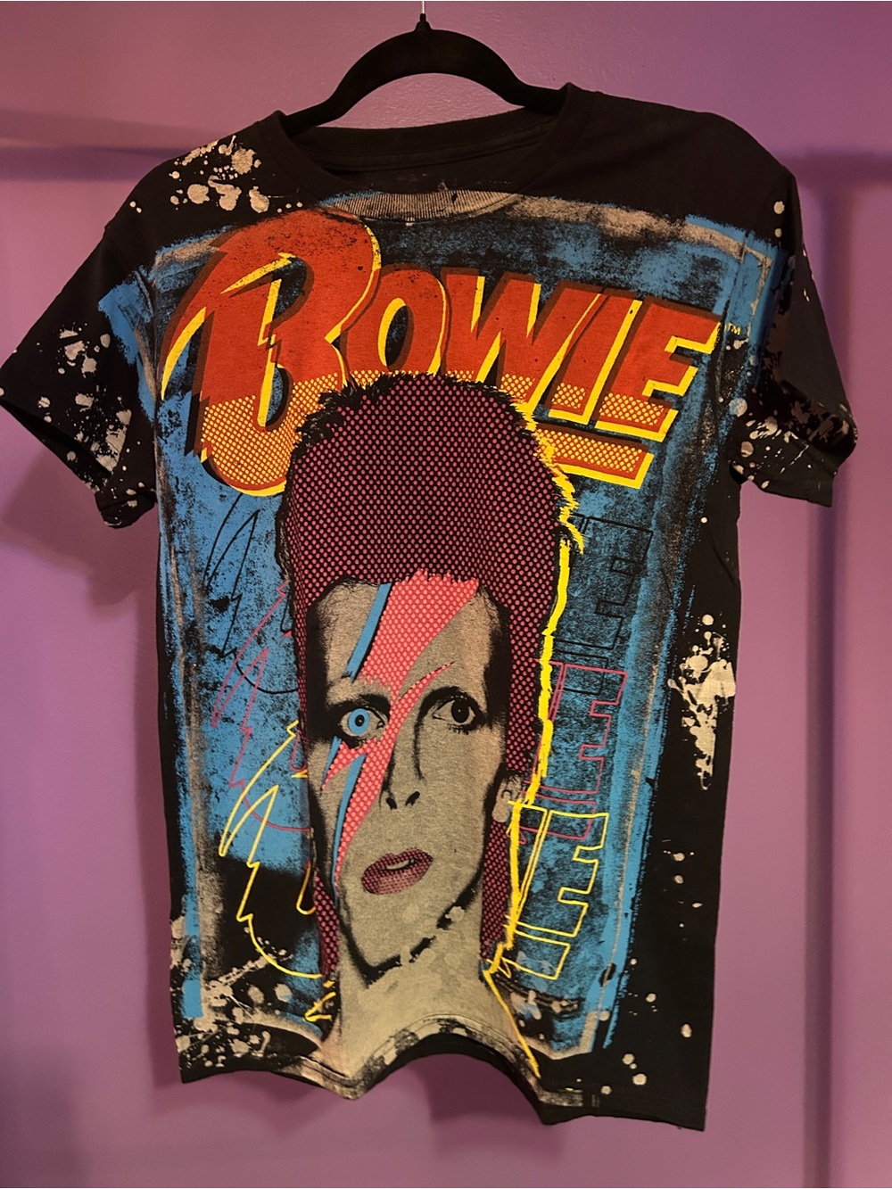 Black David Bowie Style Graphic Tee with Multicolor Artwork